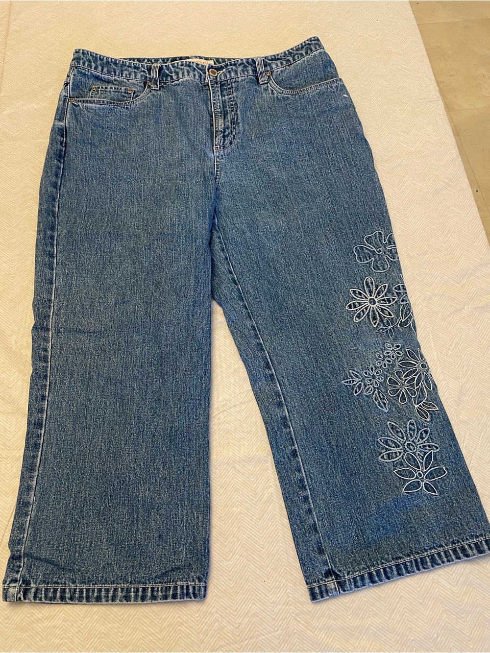 Faded Glory Blue Denim Capris with Floral Embroidery